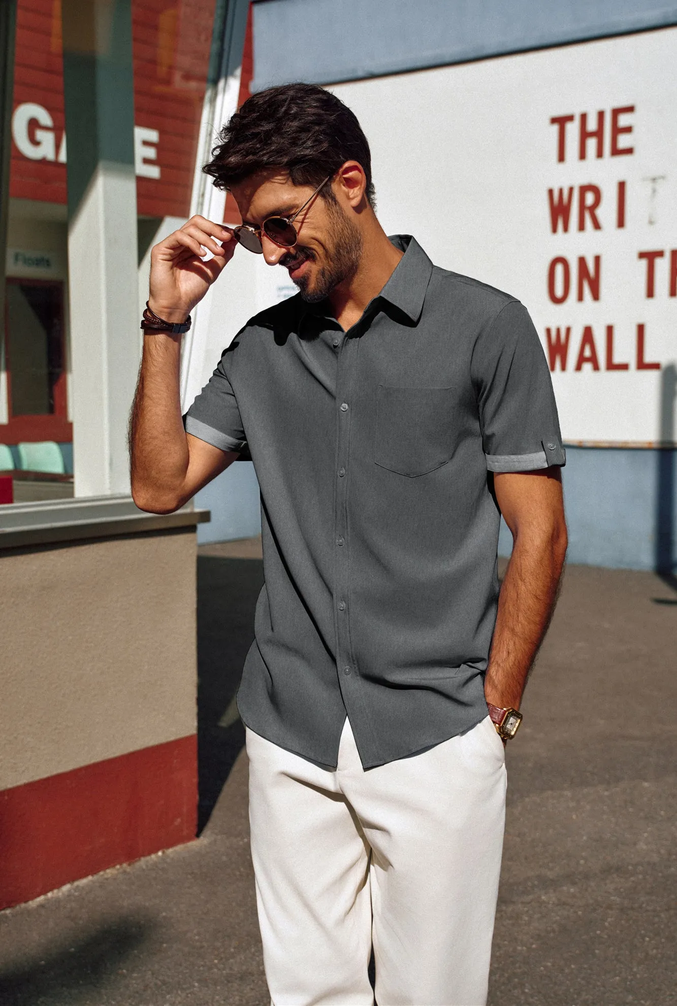 Men Straight Shirt Casual Short Sleeve Lapel Collar Button-up Tops
