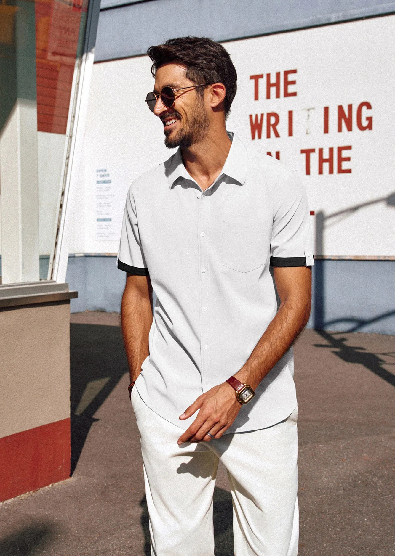 Men Straight Shirt Casual Short Sleeve Lapel Collar Button-up Tops