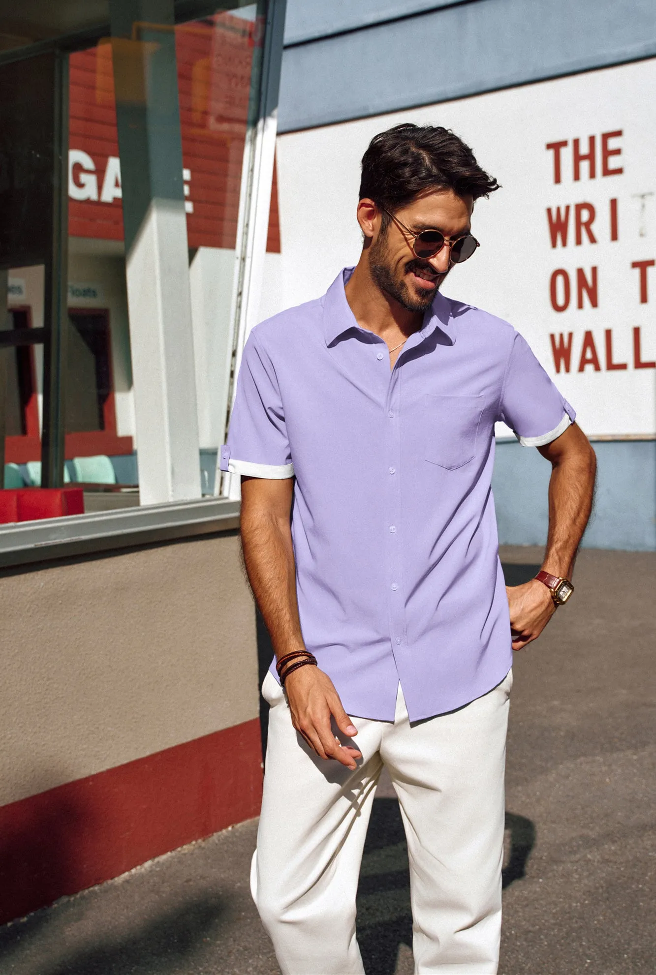 Men Straight Shirt Casual Short Sleeve Lapel Collar Button-up Tops