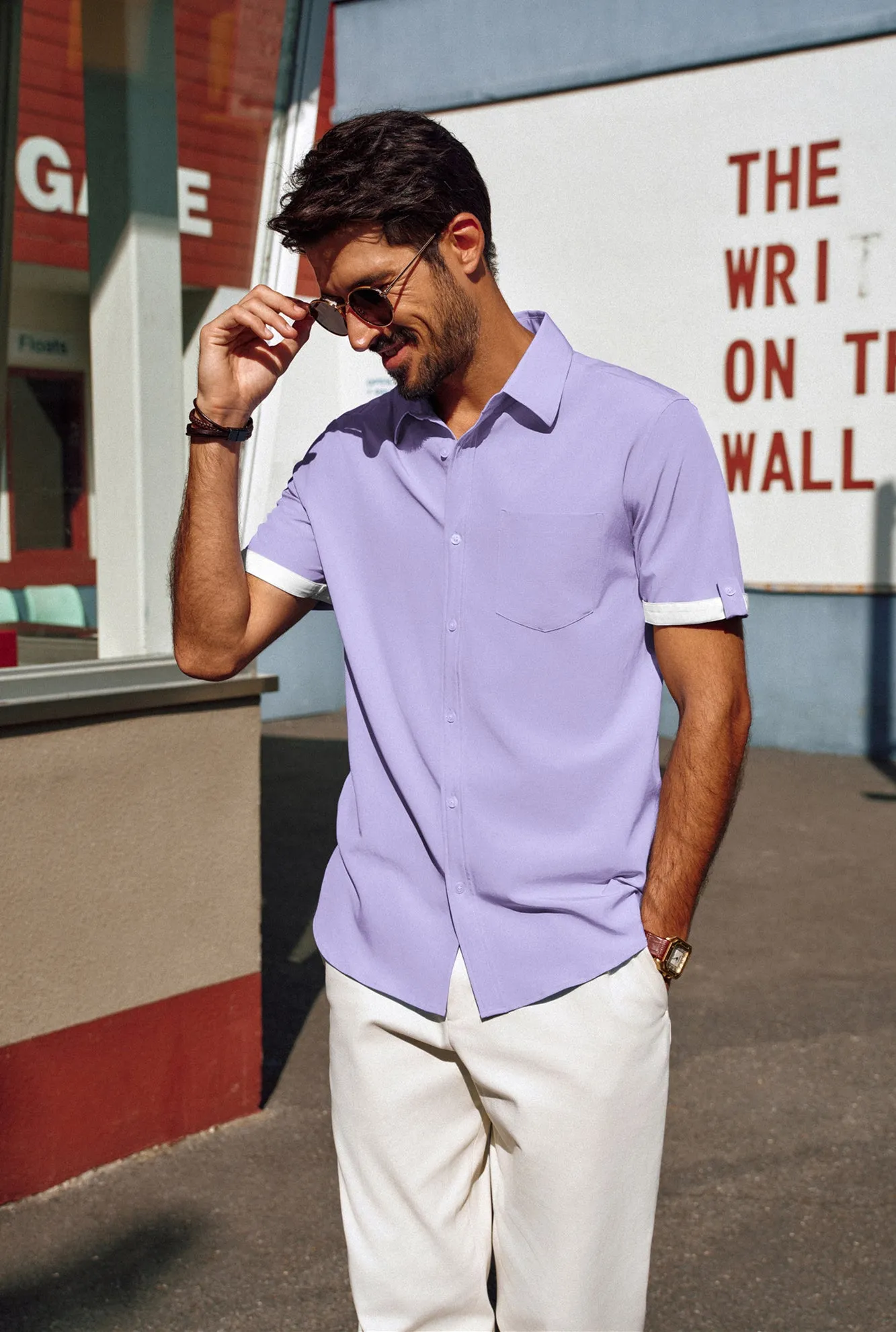 Men Straight Shirt Casual Short Sleeve Lapel Collar Button-up Tops