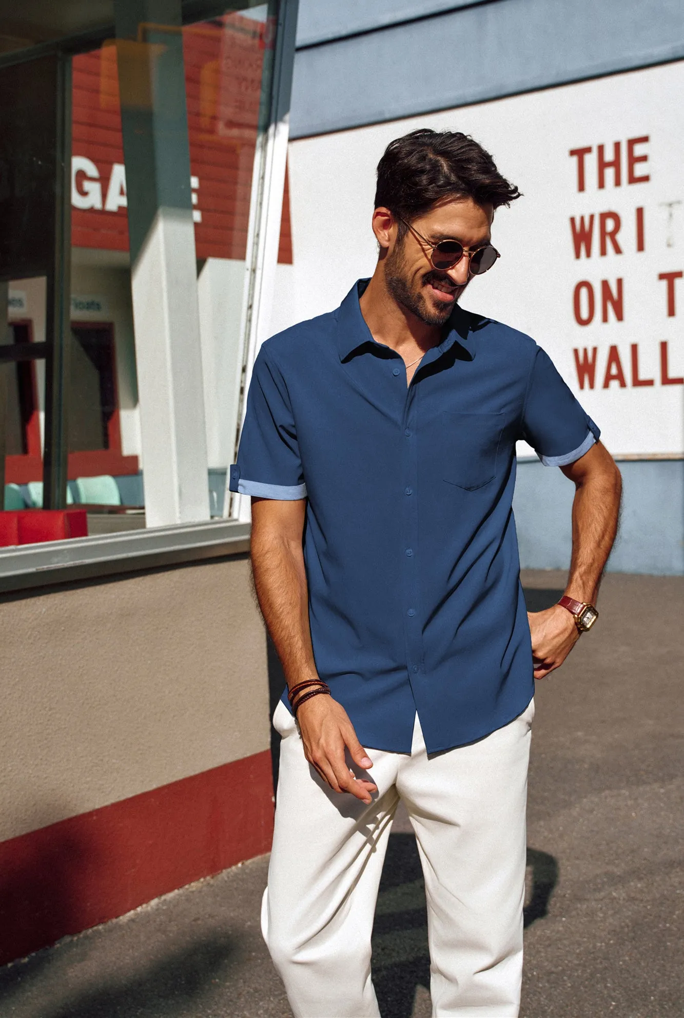Men Straight Shirt Casual Short Sleeve Lapel Collar Button-up Tops