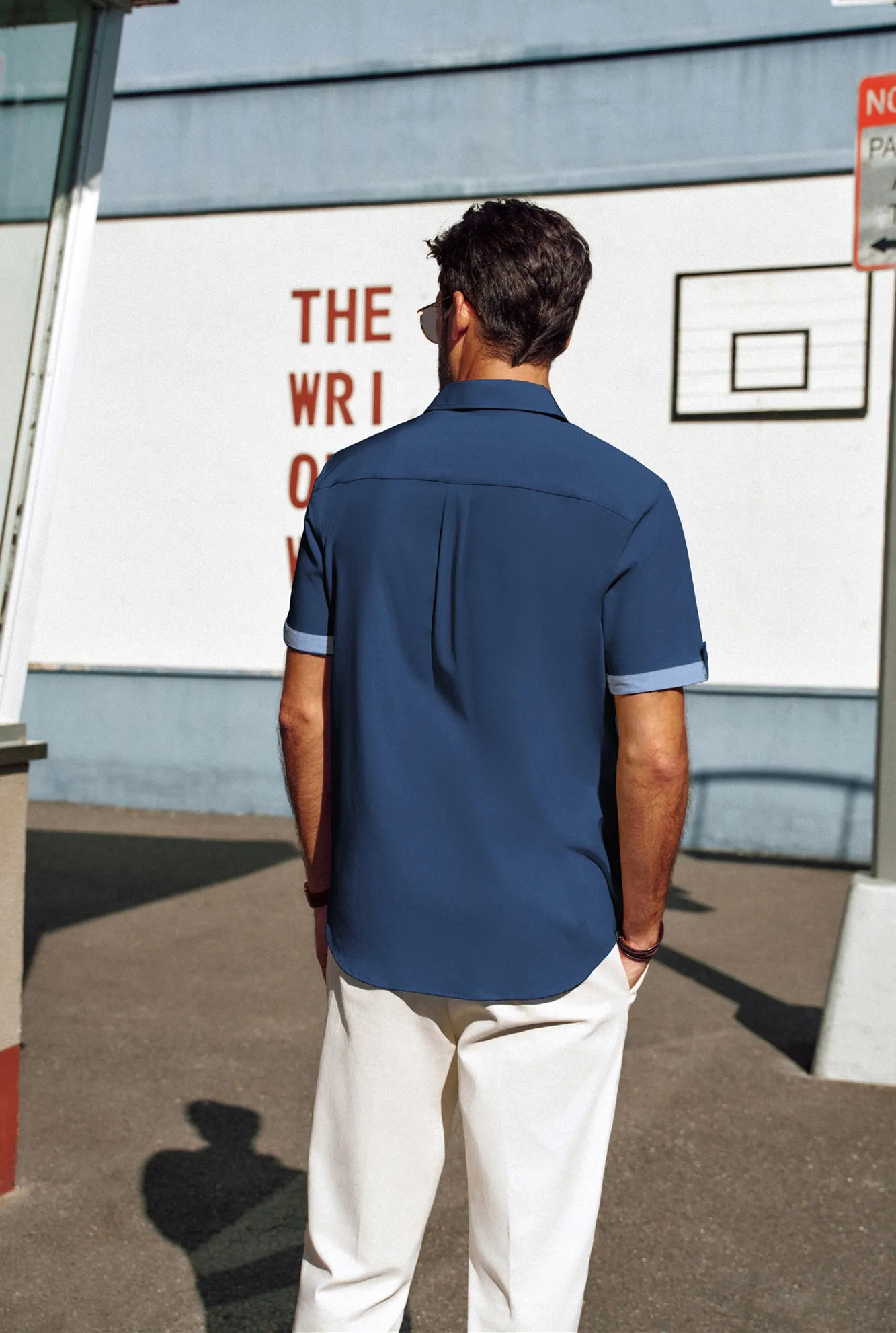 Men Straight Shirt Casual Short Sleeve Lapel Collar Button-up Tops