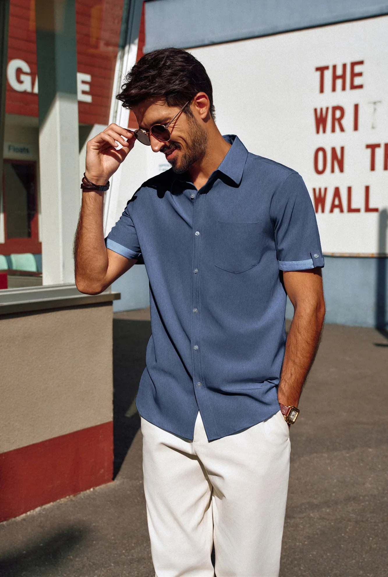 Men Straight Shirt Casual Short Sleeve Lapel Collar Button-up Tops
