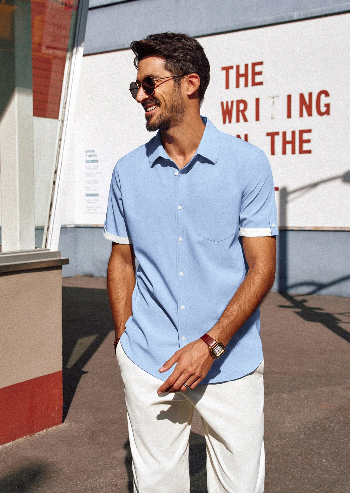 Men Straight Shirt Casual Short Sleeve Lapel Collar Button-up Tops