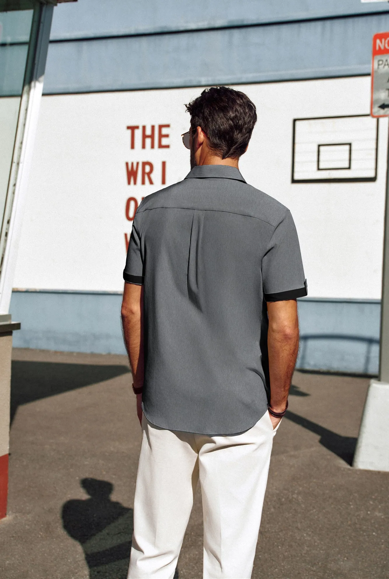 Men Straight Shirt Casual Short Sleeve Lapel Collar Button-up Tops