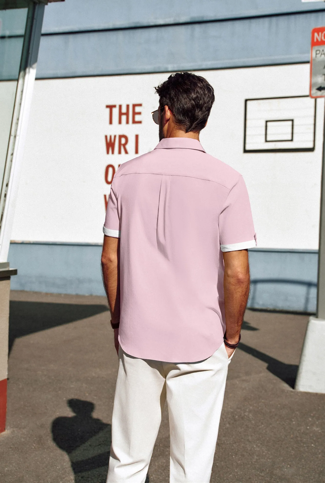Men Straight Shirt Casual Short Sleeve Lapel Collar Button-up Tops