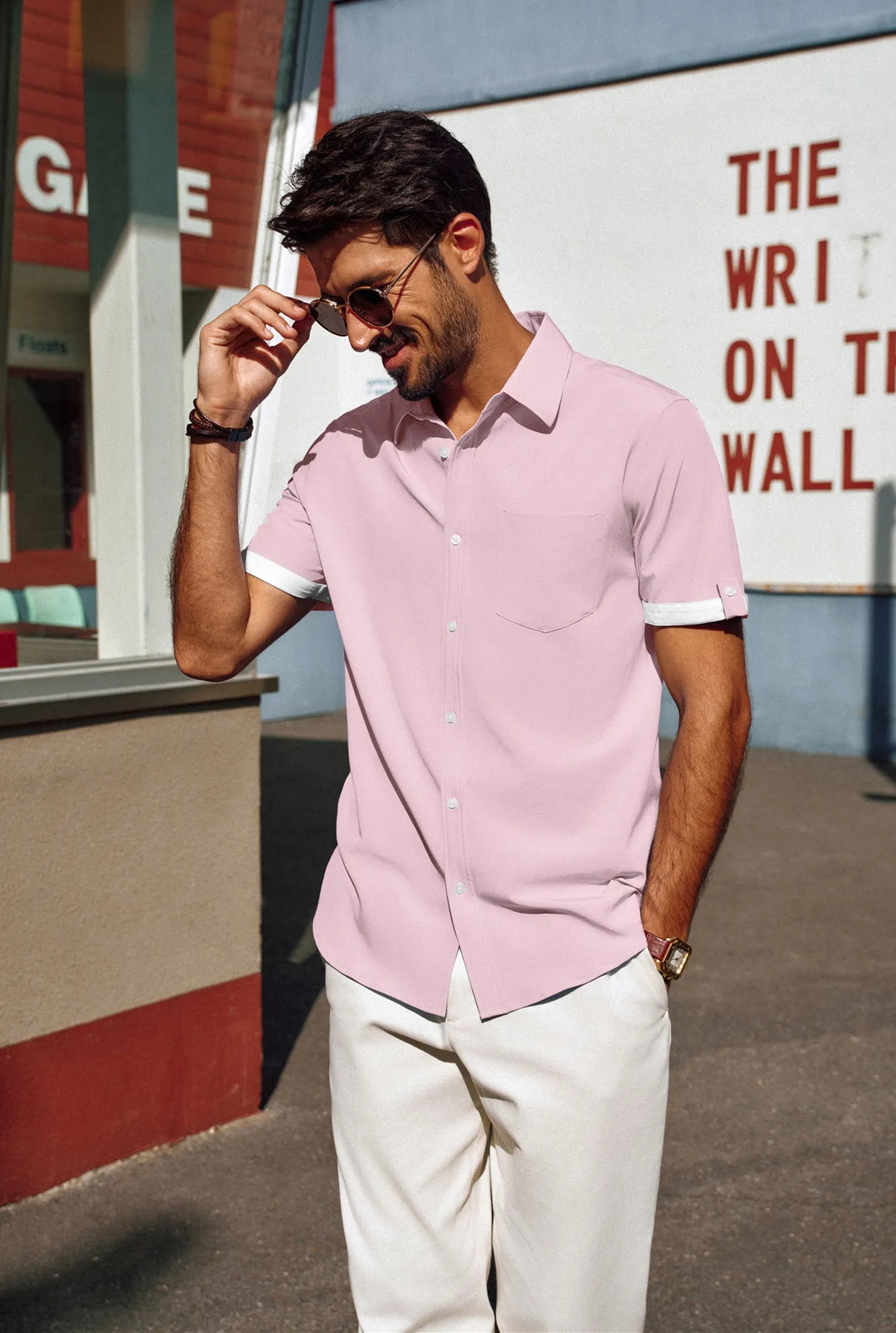 Men Straight Shirt Casual Short Sleeve Lapel Collar Button-up Tops