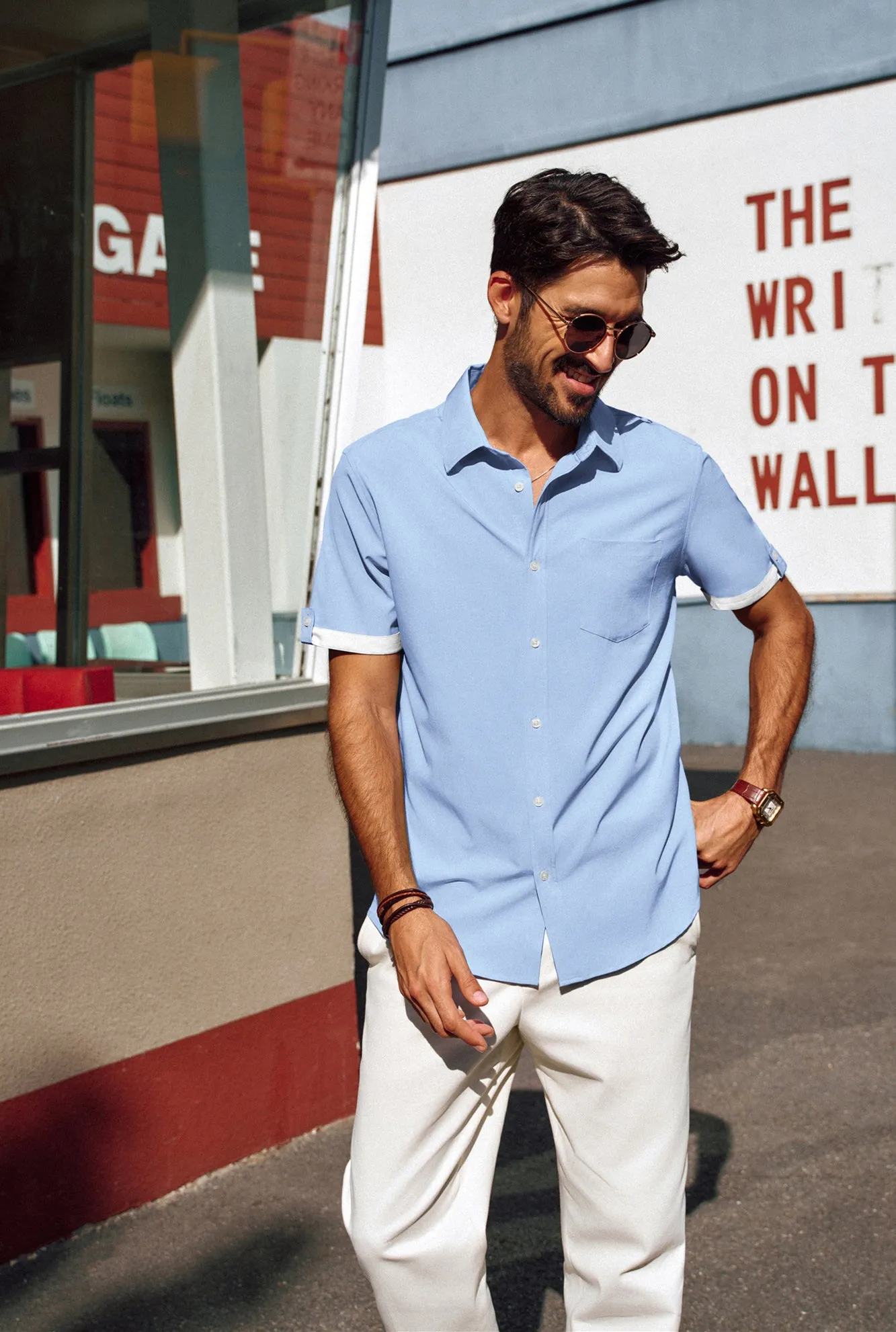 Men Straight Shirt Casual Short Sleeve Lapel Collar Button-up Tops