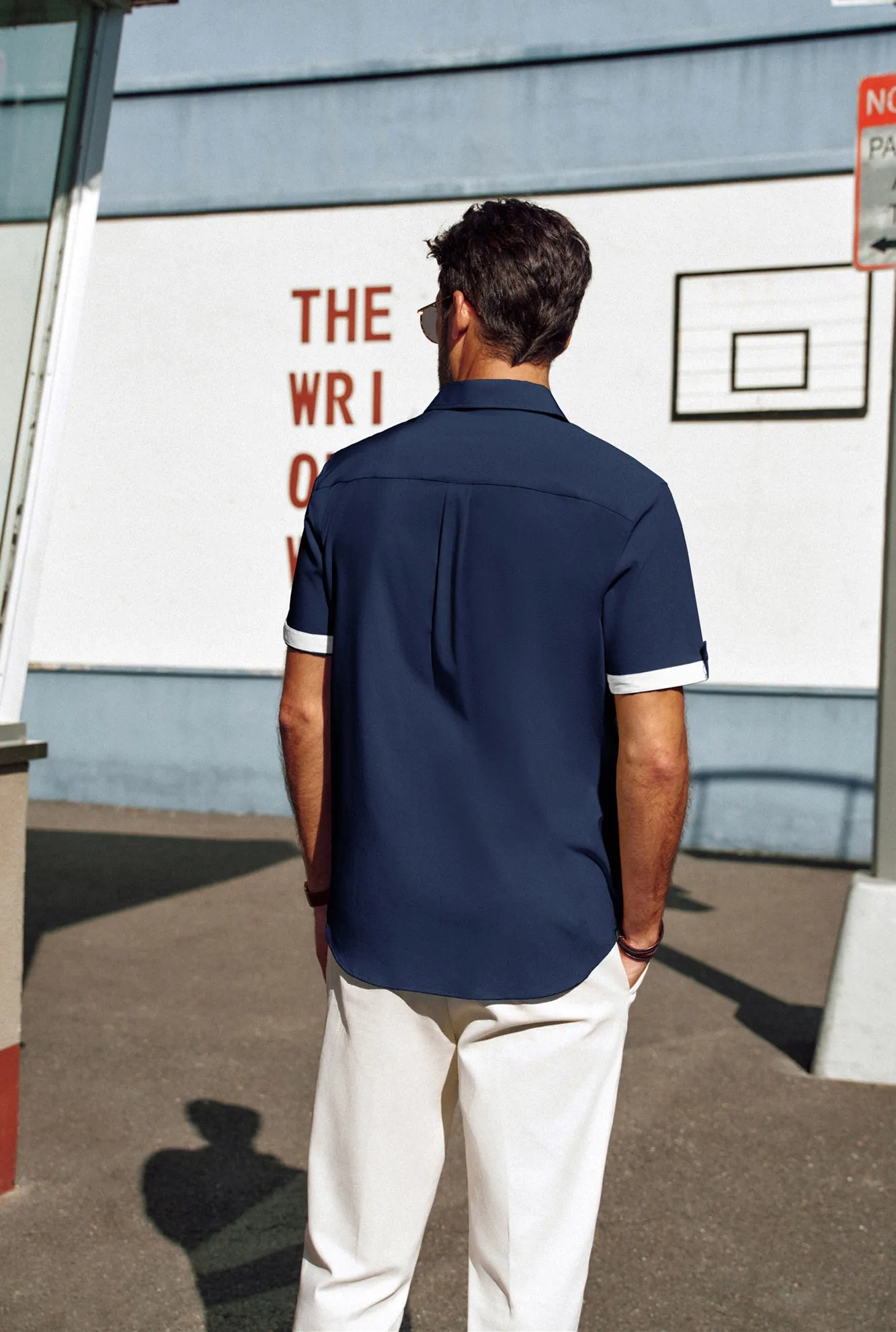 Men Straight Shirt Casual Short Sleeve Lapel Collar Button-up Tops