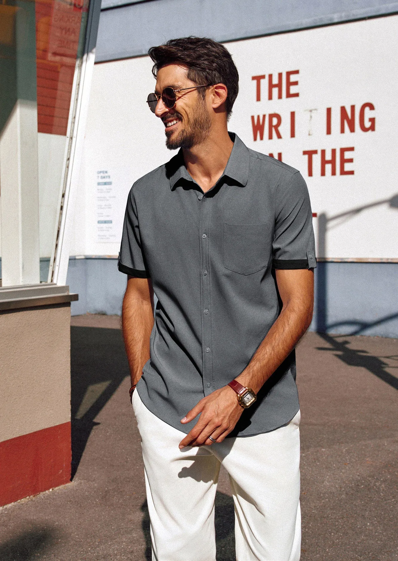 Men Straight Shirt Casual Short Sleeve Lapel Collar Button-up Tops