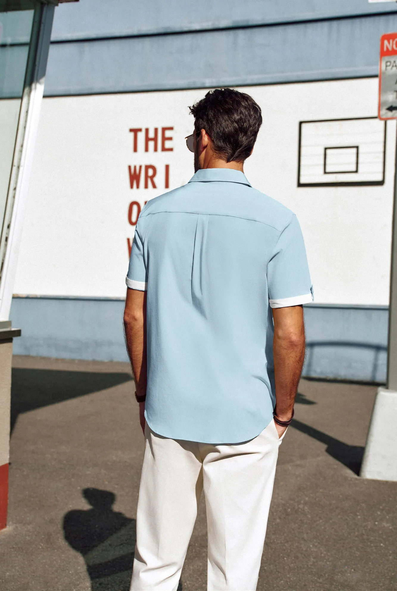 Men Straight Shirt Casual Short Sleeve Lapel Collar Button-up Tops