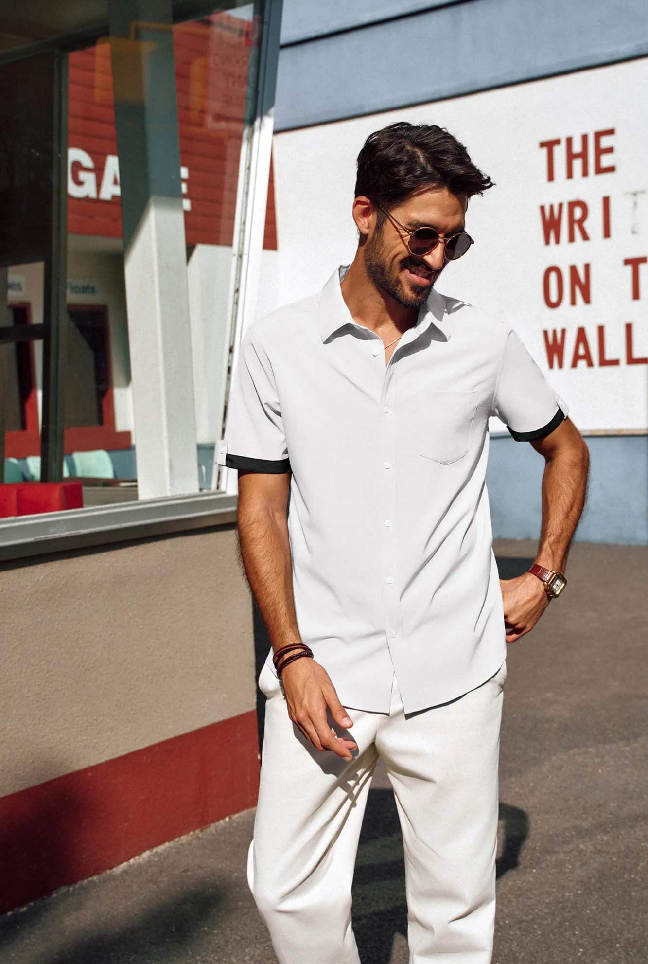 Men Straight Shirt Casual Short Sleeve Lapel Collar Button-up Tops
