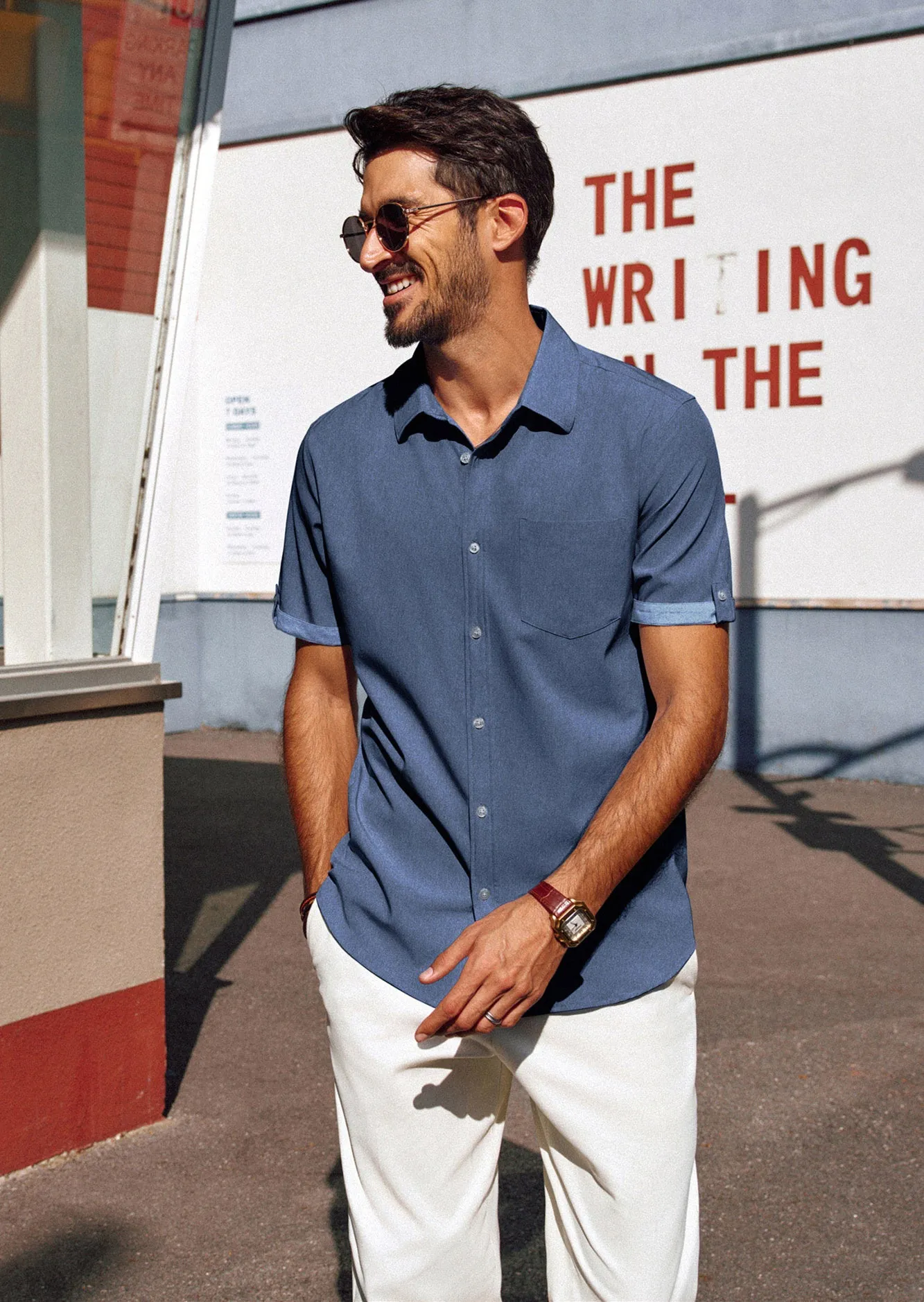 Men Straight Shirt Casual Short Sleeve Lapel Collar Button-up Tops