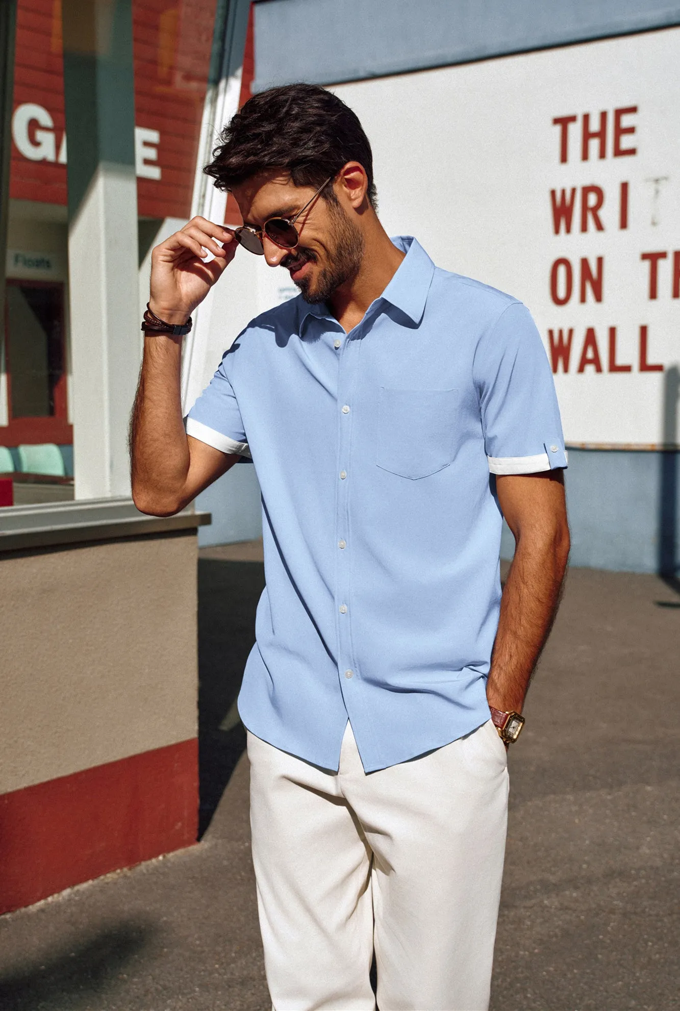 Men Straight Shirt Casual Short Sleeve Lapel Collar Button-up Tops