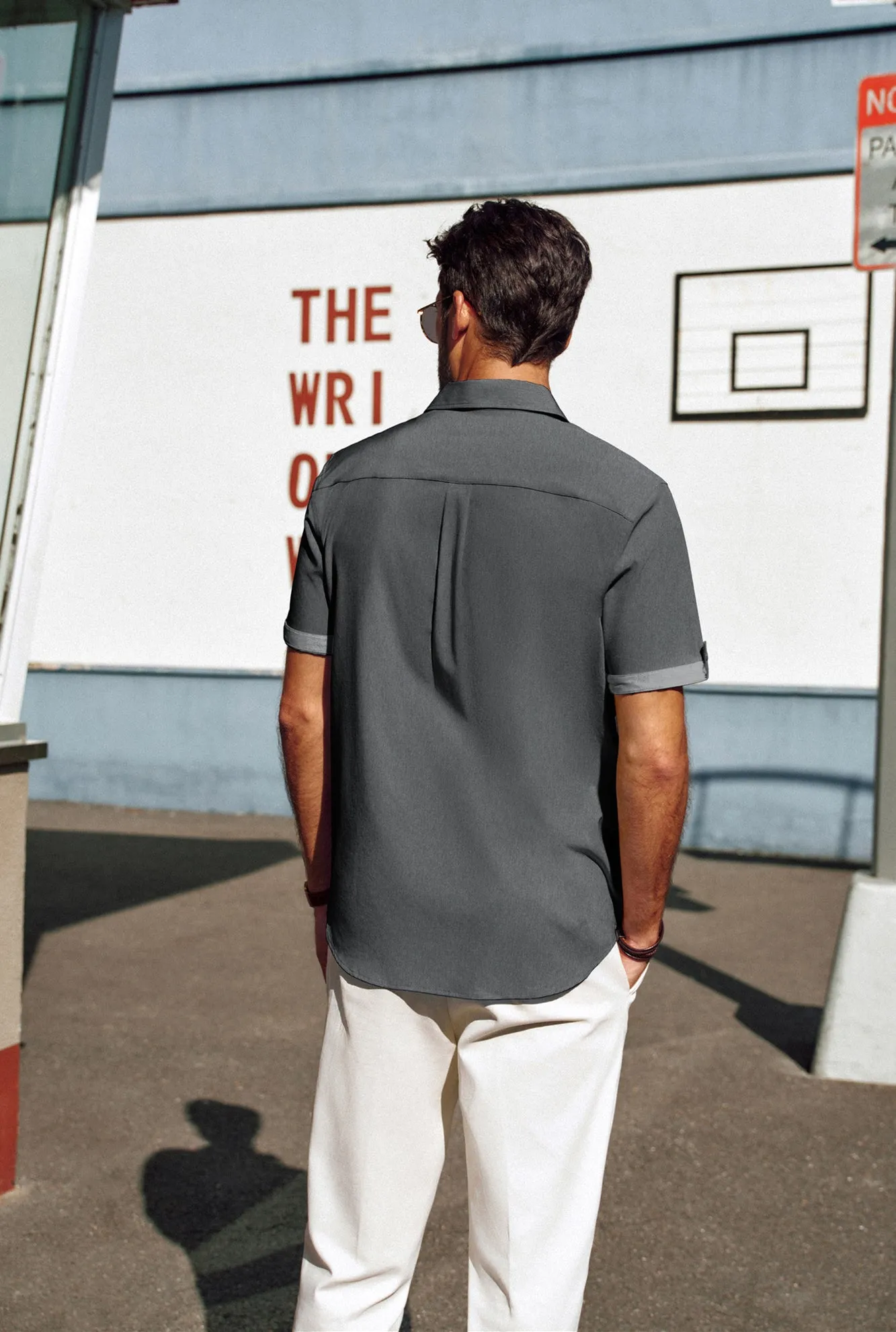 Men Straight Shirt Casual Short Sleeve Lapel Collar Button-up Tops