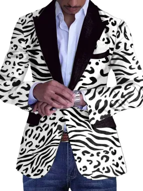 Men's Black And White Leopard Print Contrast Lapel Casual Blazer