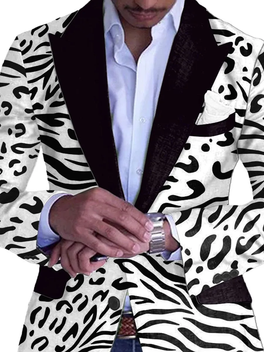 Men's Black And White Leopard Print Contrast Lapel Casual Blazer