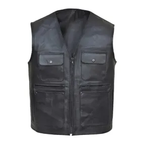 Mens Black Genuine Leather Hunting Vest