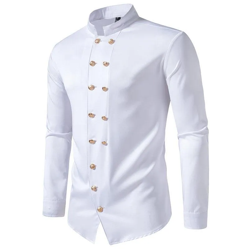 Men's British Vintage Double Breasted Stand Collar Long Sleeve Shirt 07650067X