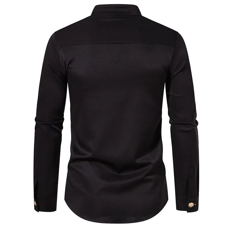 Men's British Vintage Double Breasted Stand Collar Long Sleeve Shirt 07650067X