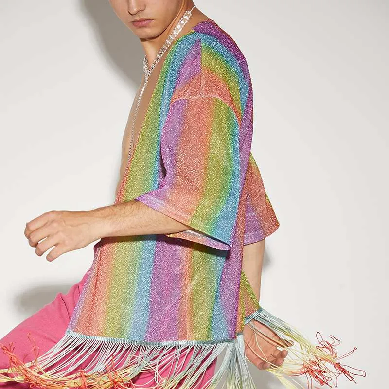 Men's Kimono Sequin Rainbow Jacket Men's Party Outfits Sparkling Tuxedo Blazer Rave Festival Costume Pride Groom