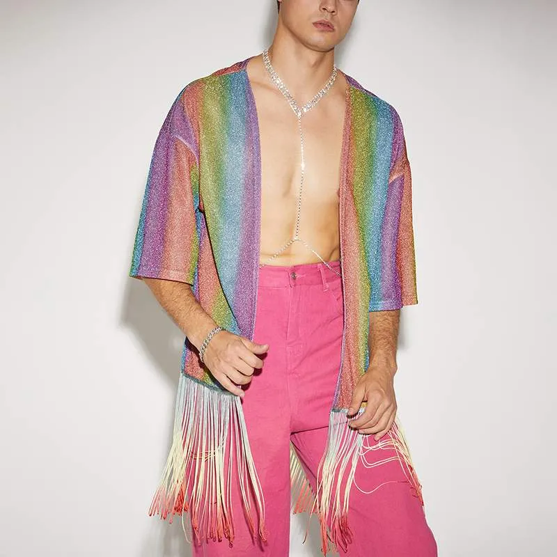 Men's Kimono Sequin Rainbow Jacket Men's Party Outfits Sparkling Tuxedo Blazer Rave Festival Costume Pride Groom