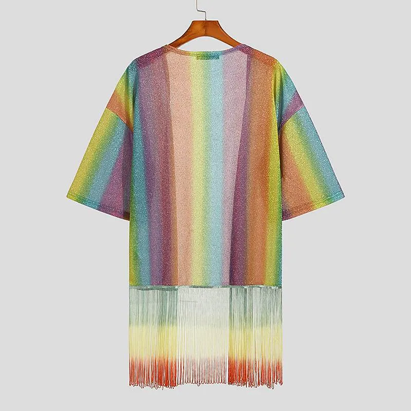 Men's Kimono Sequin Rainbow Jacket Men's Party Outfits Sparkling Tuxedo Blazer Rave Festival Costume Pride Groom