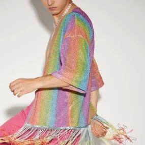 Men's Kimono Sequin Rainbow Jacket Men's Party Outfits Sparkling Tuxedo Blazer Rave Festival Costume Pride Groom