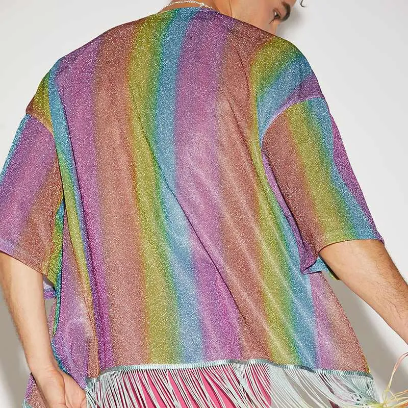 Men's Kimono Sequin Rainbow Jacket Men's Party Outfits Sparkling Tuxedo Blazer Rave Festival Costume Pride Groom