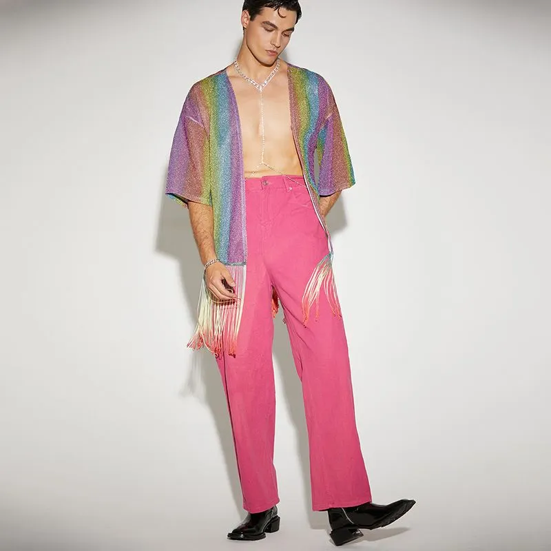 Men's Kimono Sequin Rainbow Jacket Men's Party Outfits Sparkling Tuxedo Blazer Rave Festival Costume Pride Groom