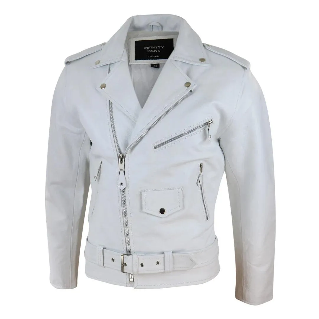 Mens Real Leather Biker Jacket Cross Zip Brando White Hide Grease Classic