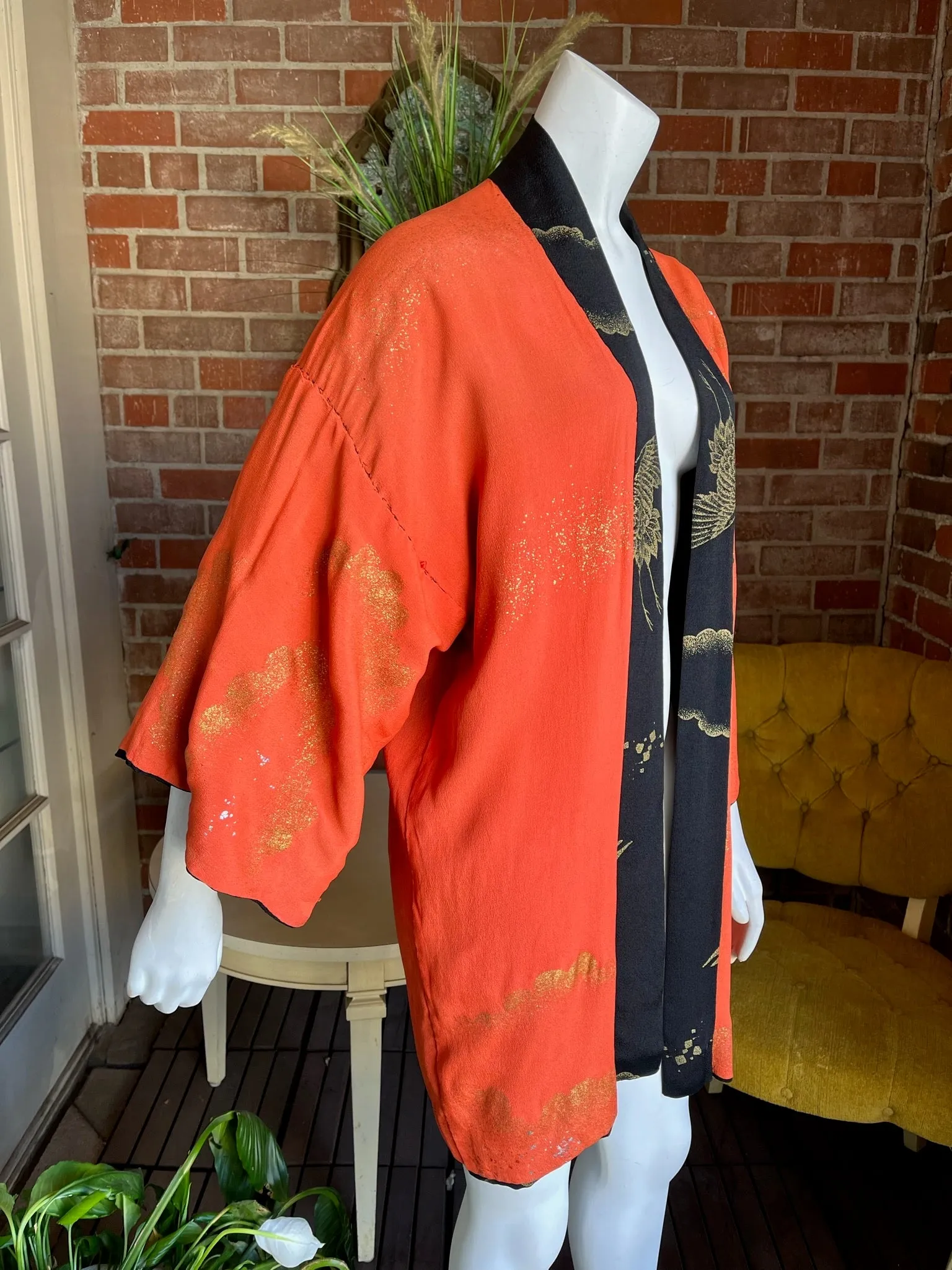 Mid Century Rayon Crepe Orange Black Gold Haori