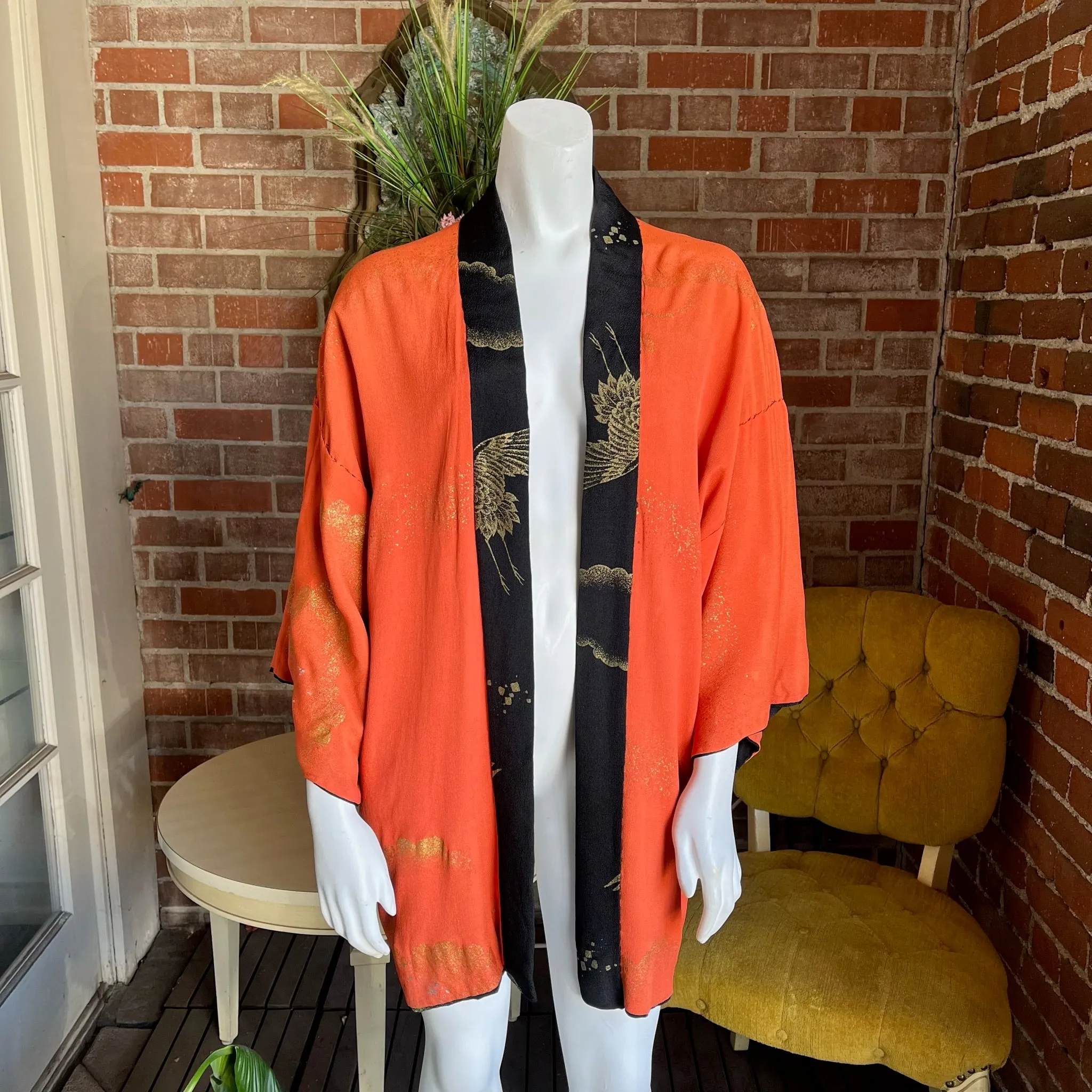 Mid Century Rayon Crepe Orange Black Gold Haori