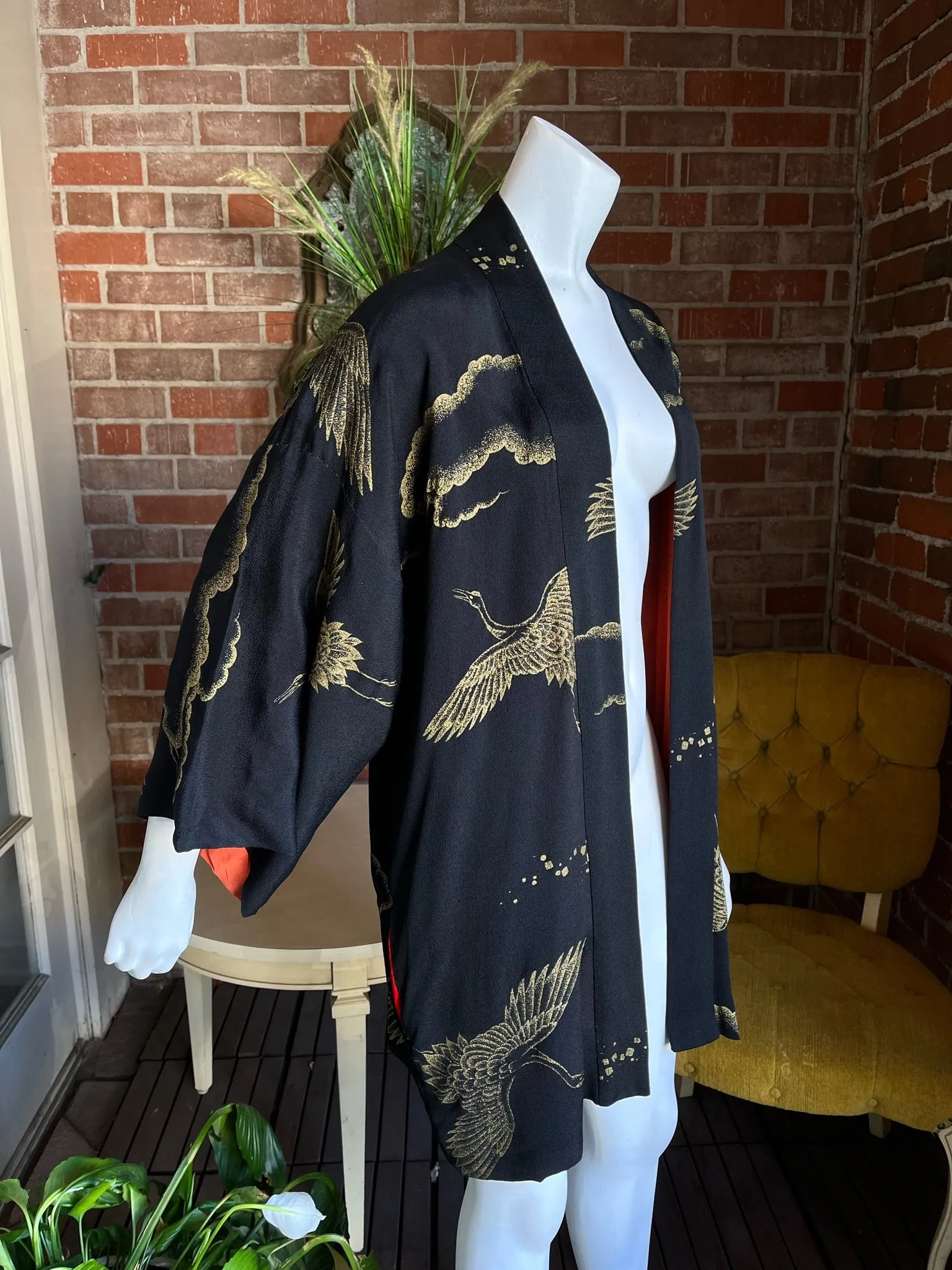 Mid Century Rayon Crepe Orange Black Gold Haori