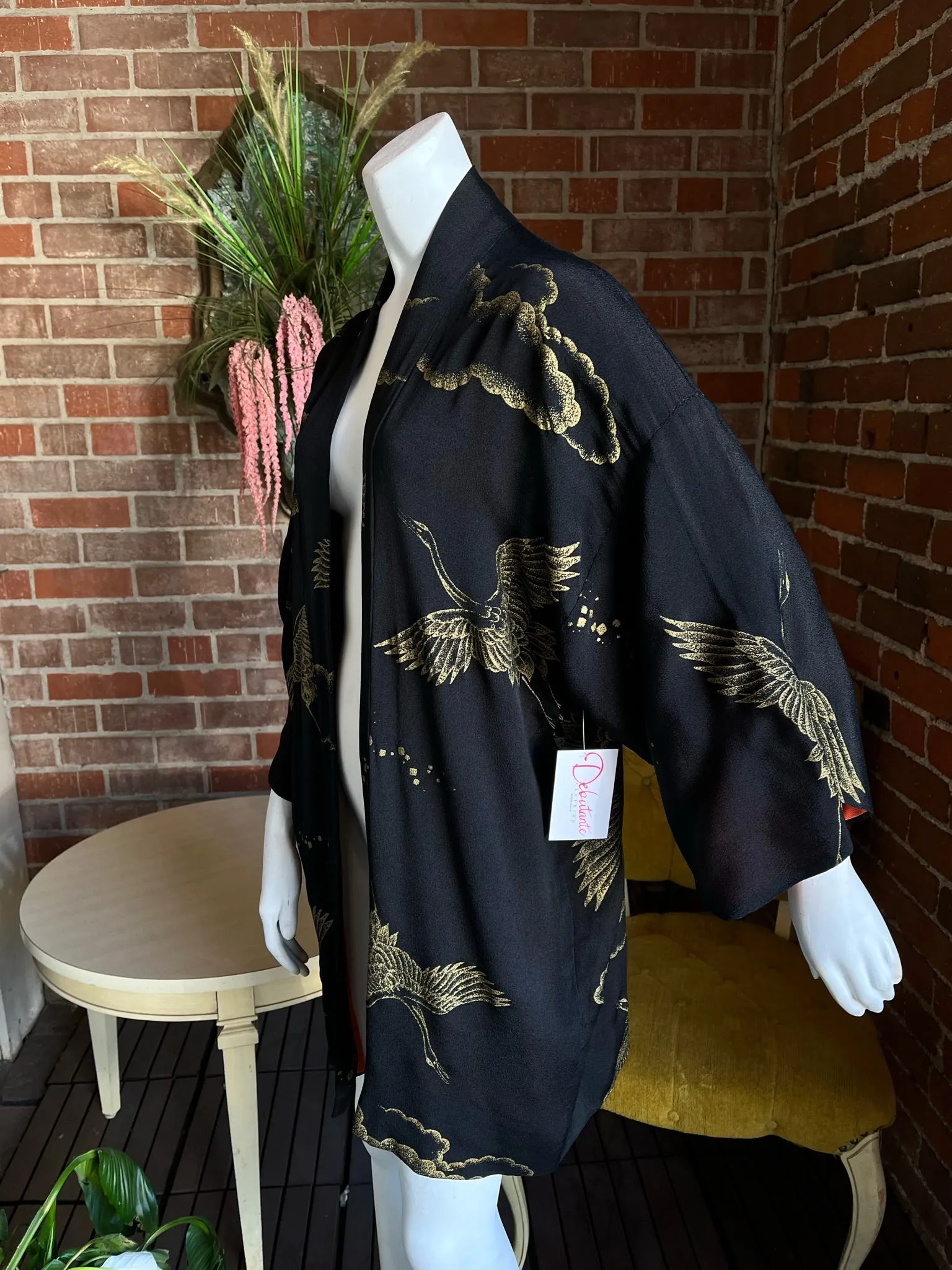 Mid Century Rayon Crepe Orange Black Gold Haori
