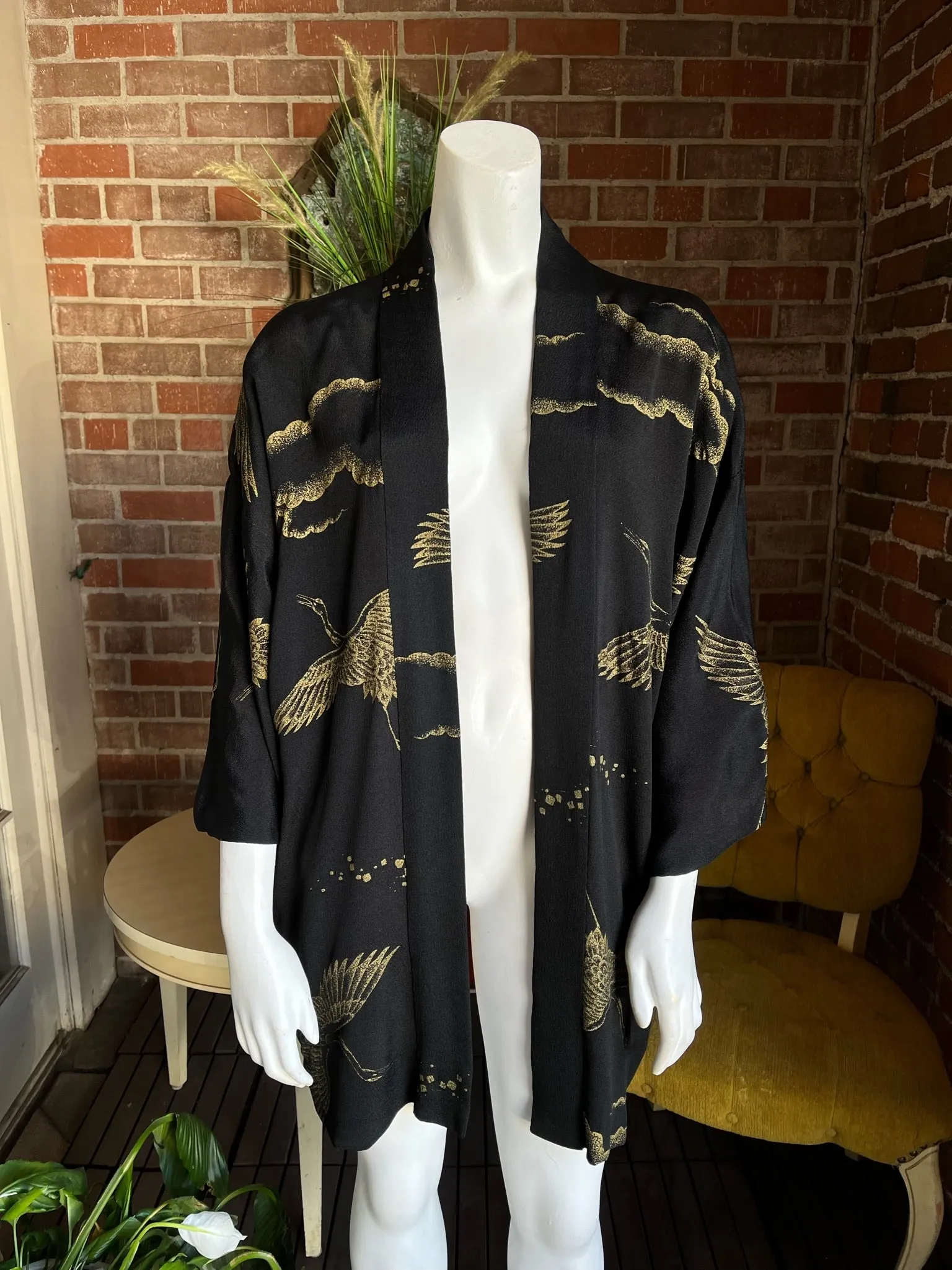 Mid Century Rayon Crepe Orange Black Gold Haori