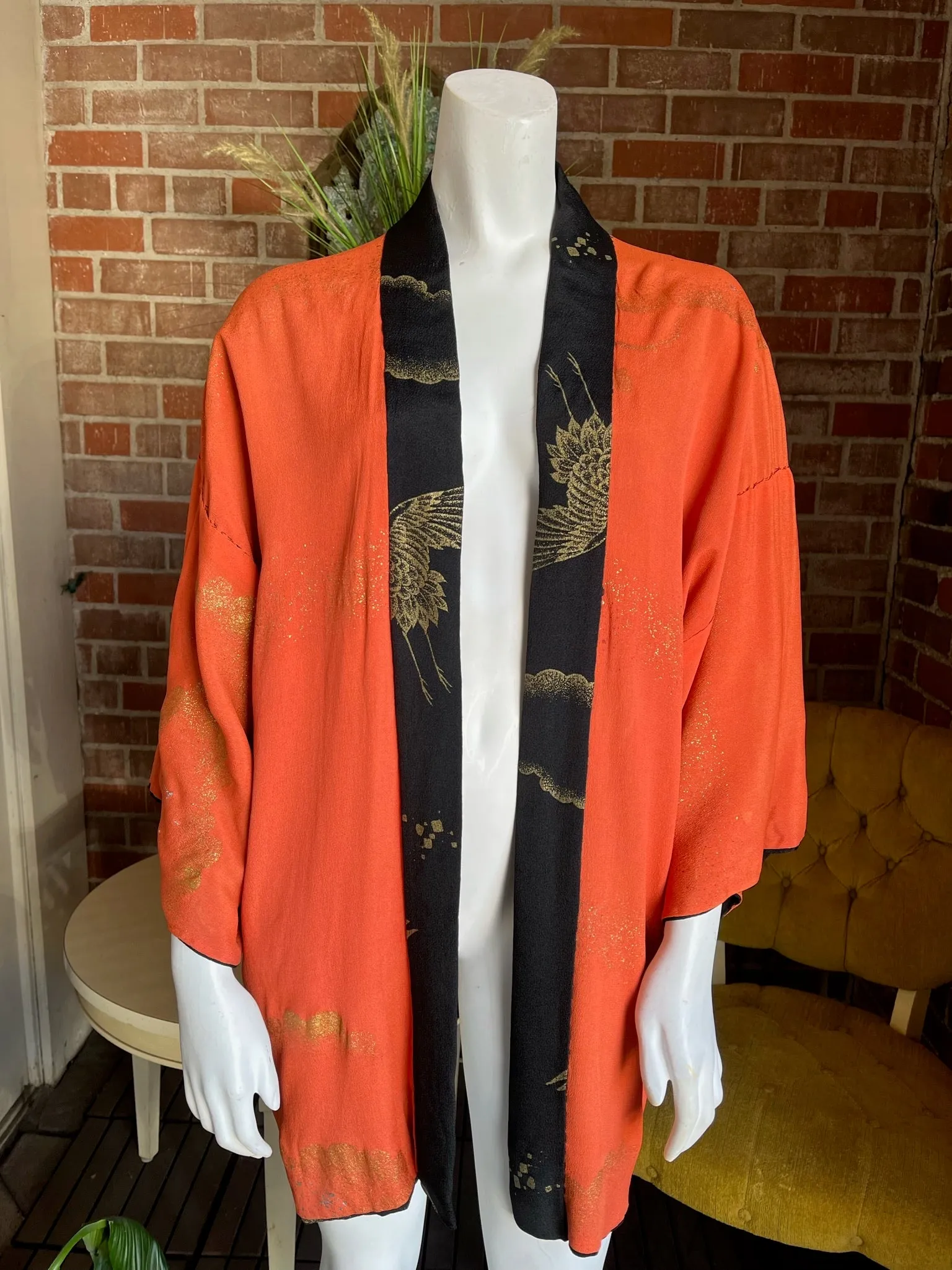 Mid Century Rayon Crepe Orange Black Gold Haori