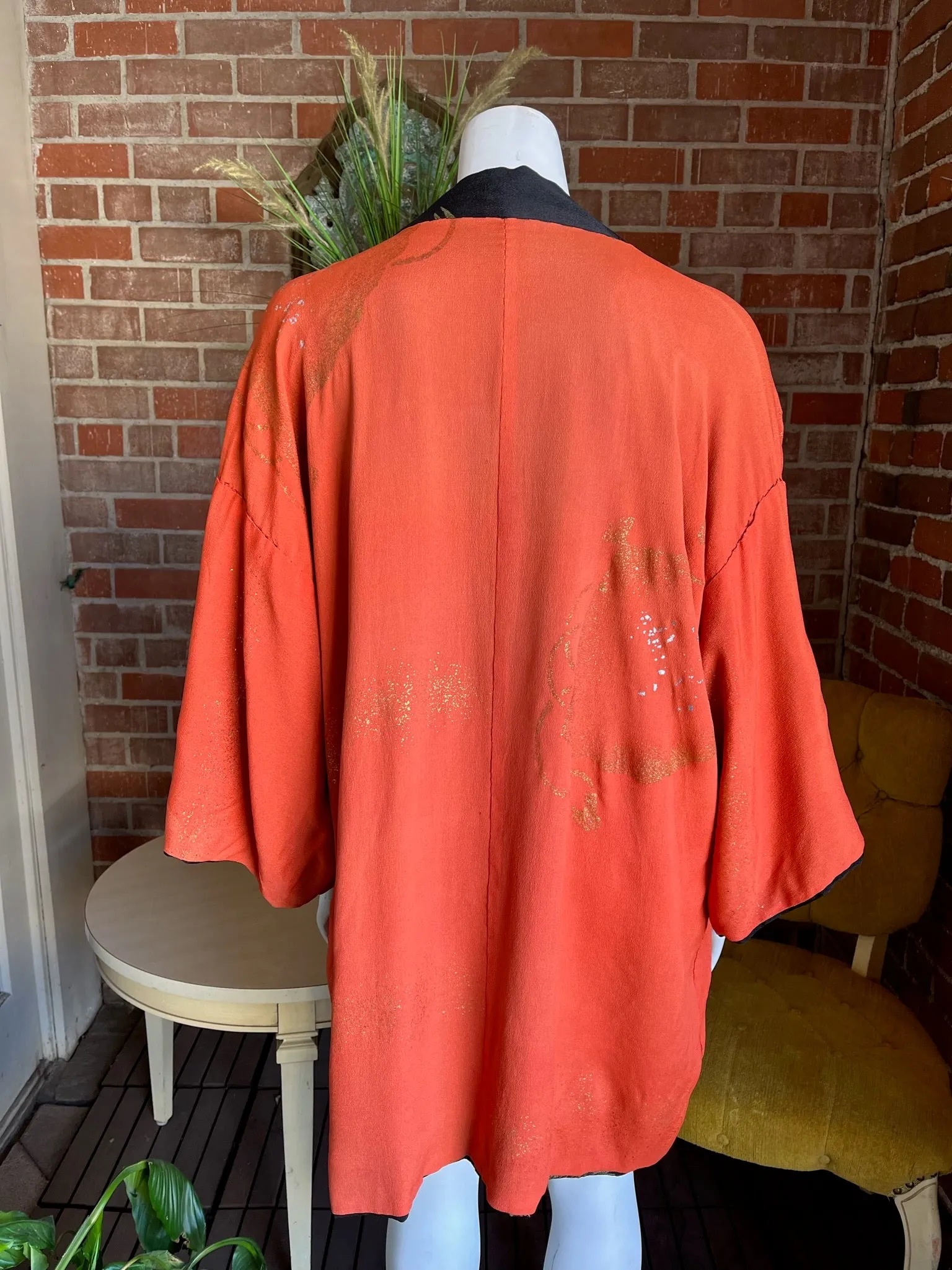 Mid Century Rayon Crepe Orange Black Gold Haori