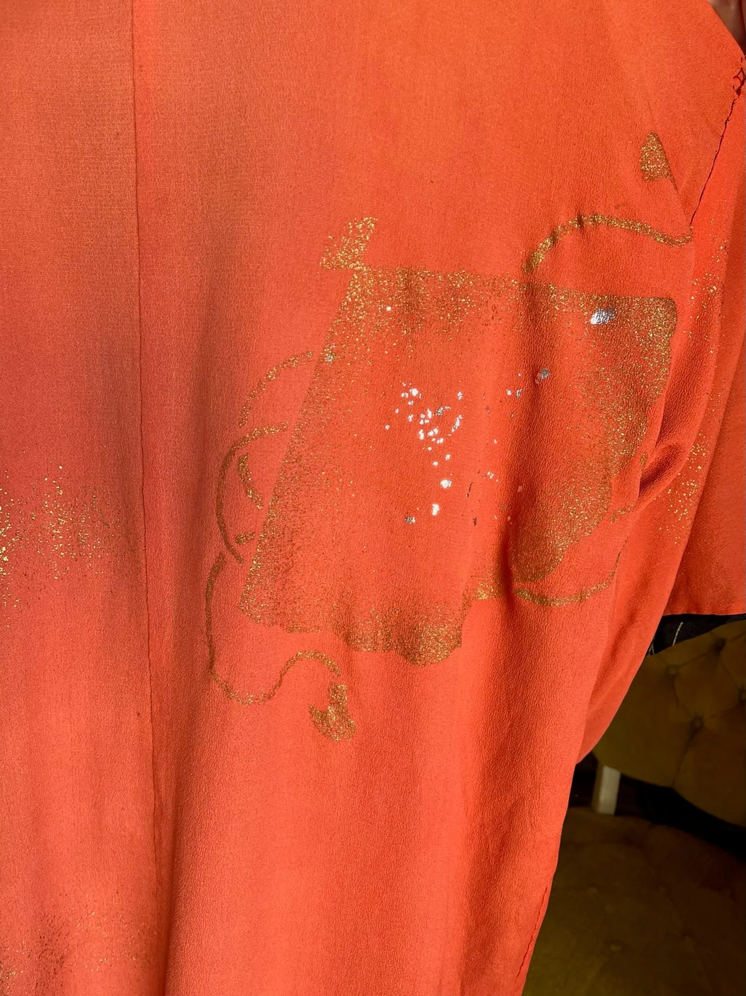Mid Century Rayon Crepe Orange Black Gold Haori