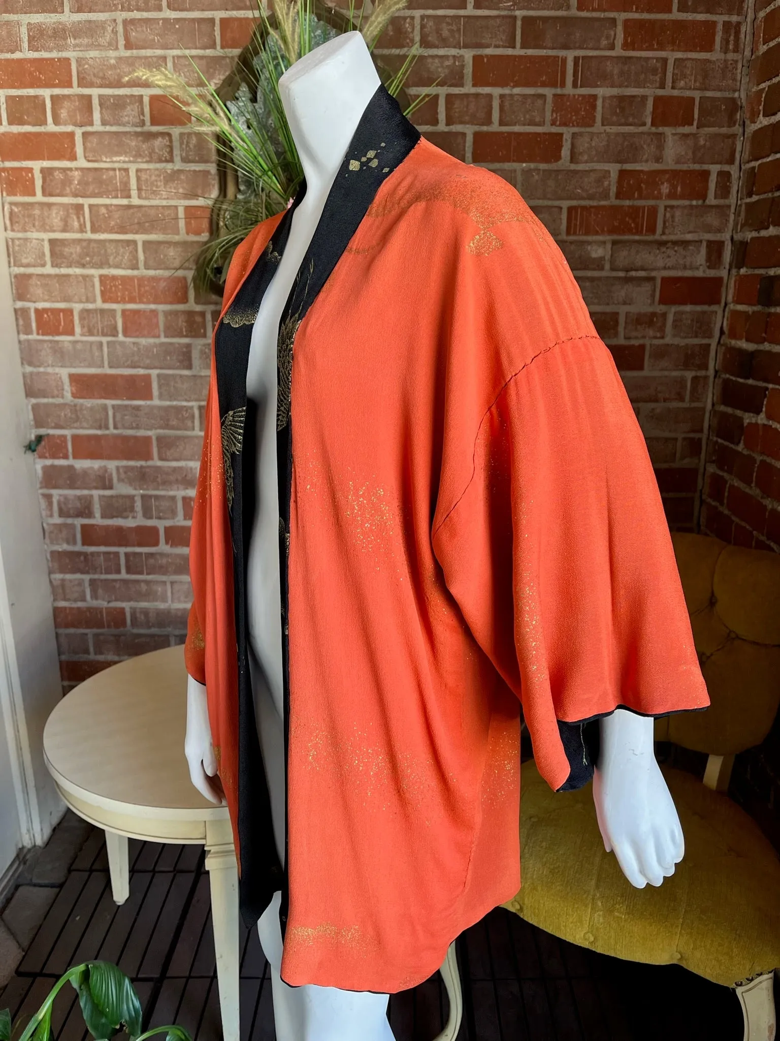 Mid Century Rayon Crepe Orange Black Gold Haori