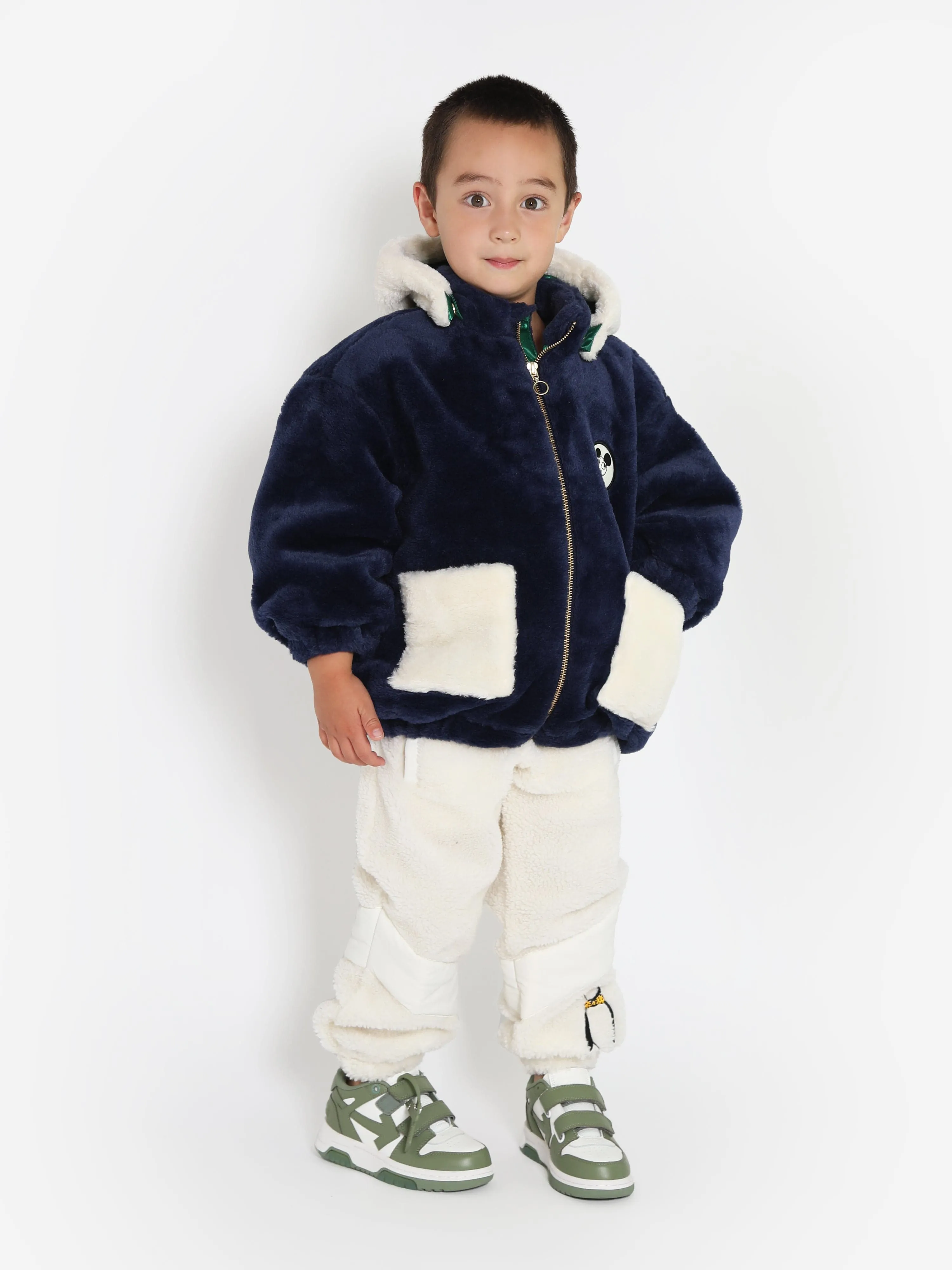 Mini Rodini Kids What's Cooking Faux Fur Jacket in Navy