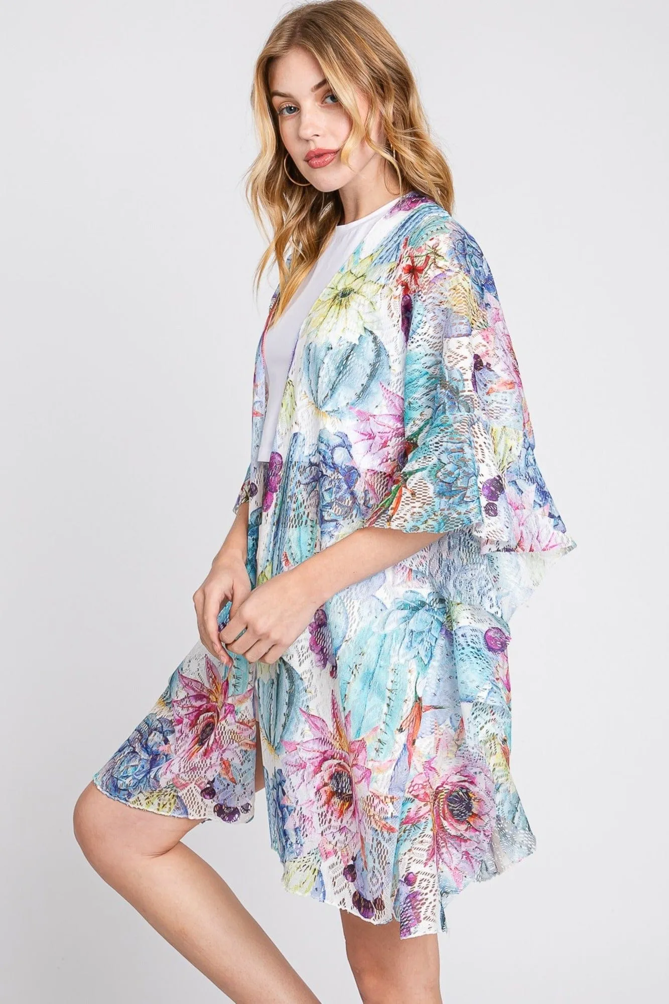 MS0355 Athena Ruffle Lined Cactus Print Crochet Kimono