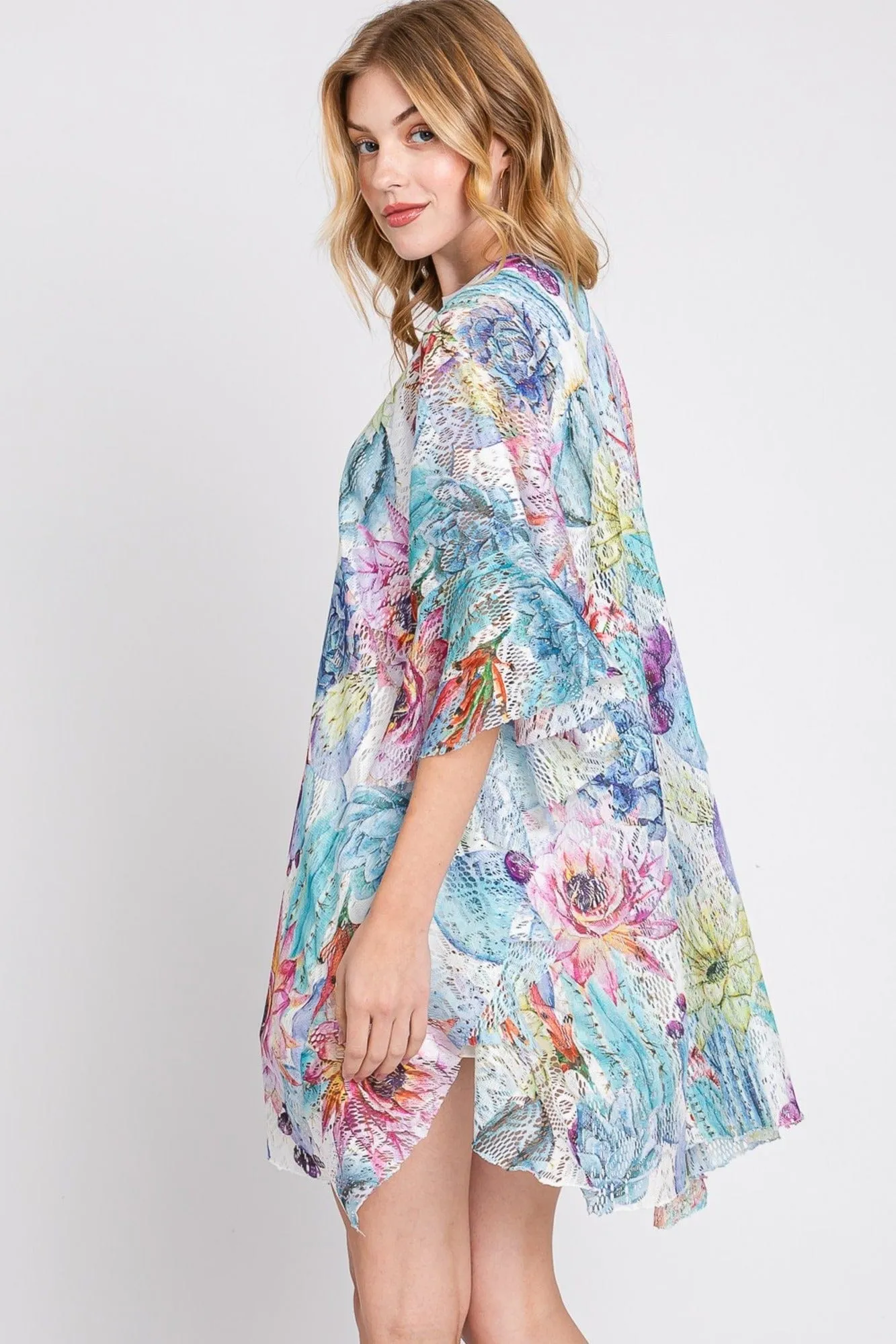 MS0355 Athena Ruffle Lined Cactus Print Crochet Kimono