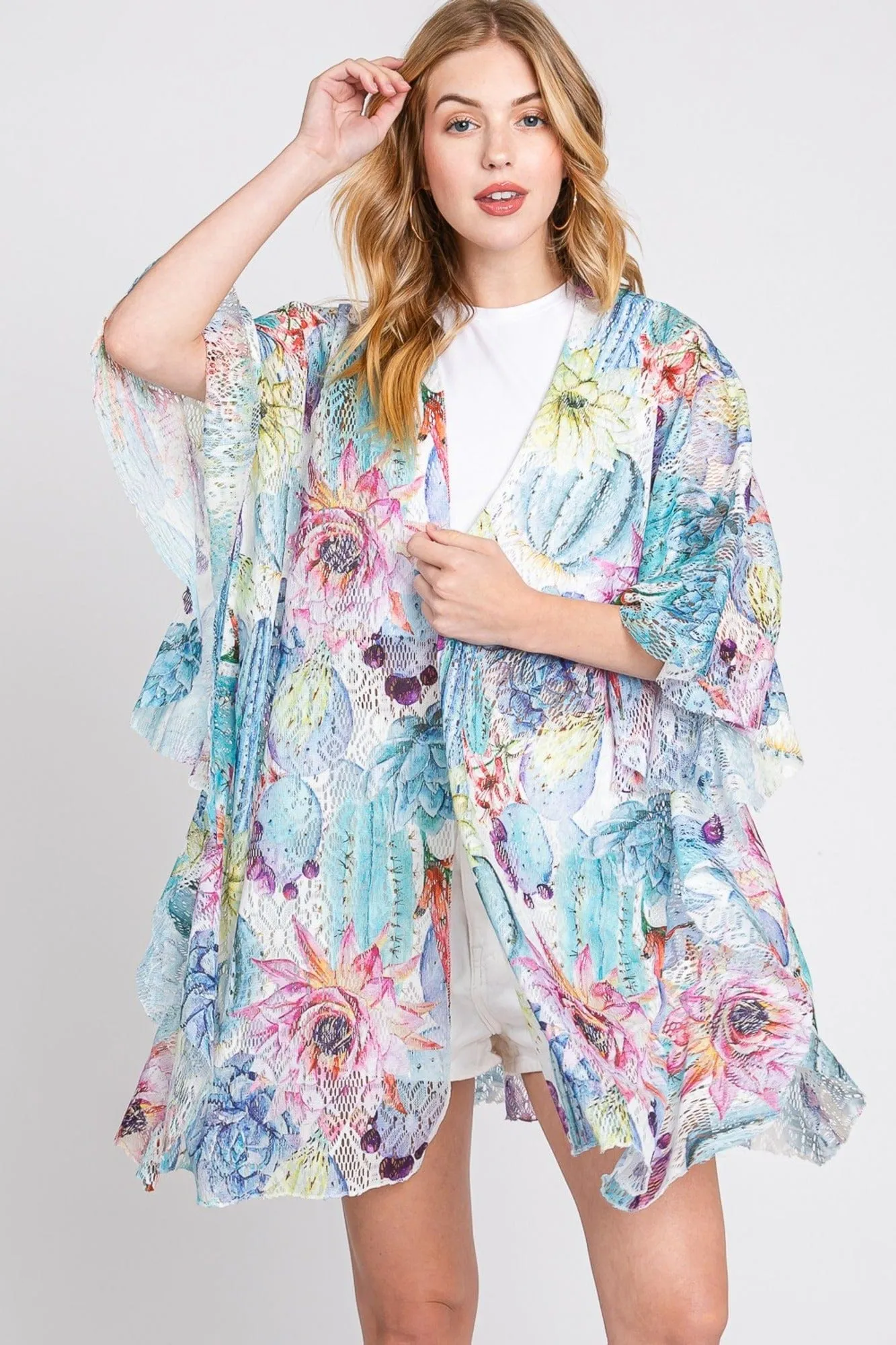 MS0355 Athena Ruffle Lined Cactus Print Crochet Kimono