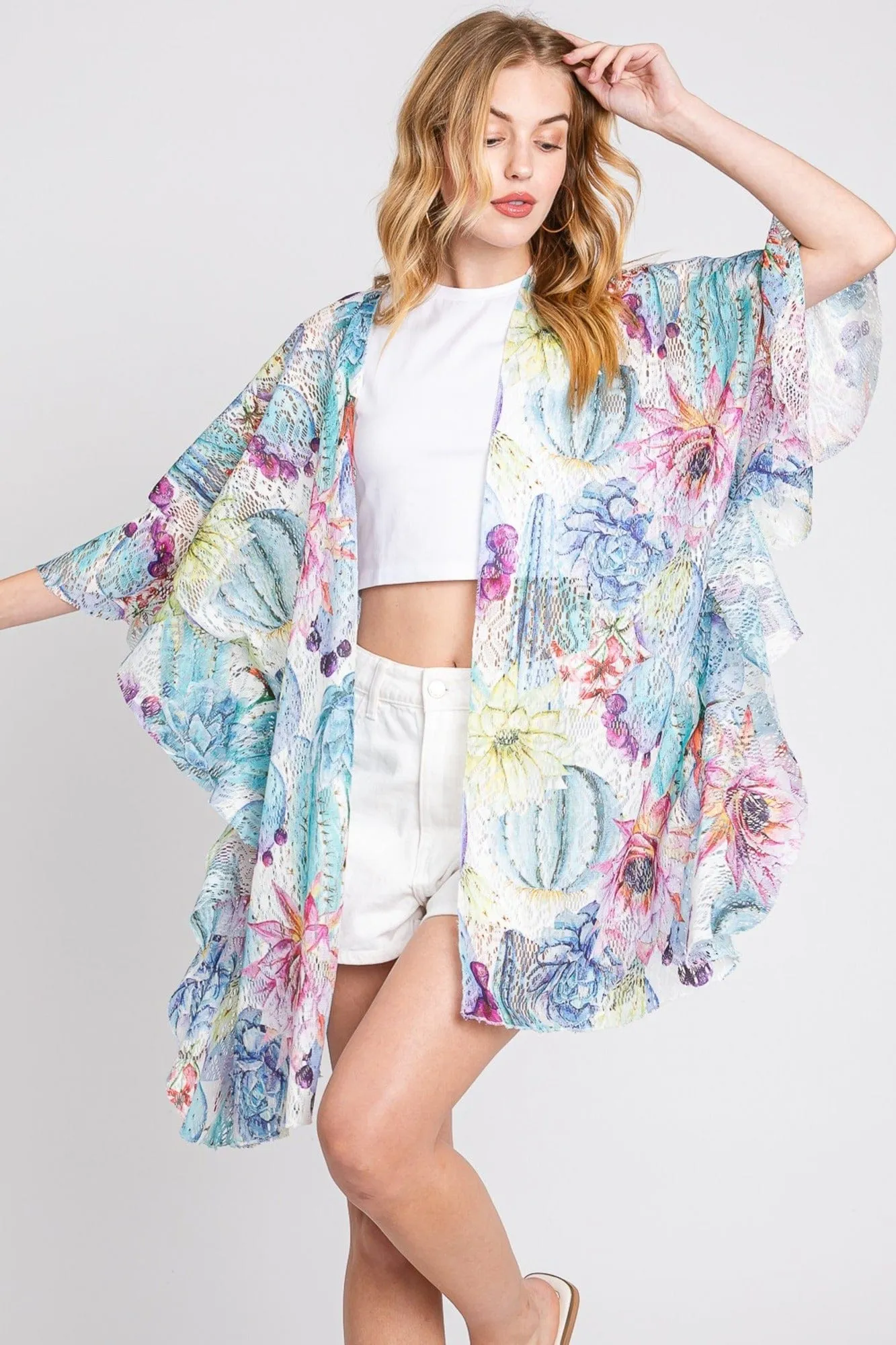 MS0355 Athena Ruffle Lined Cactus Print Crochet Kimono