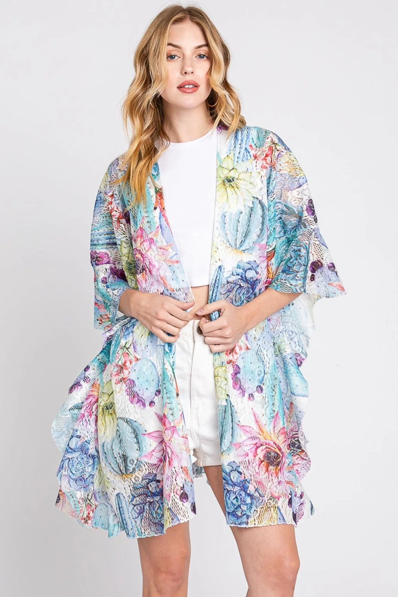 MS0355 Athena Ruffle Lined Cactus Print Crochet Kimono