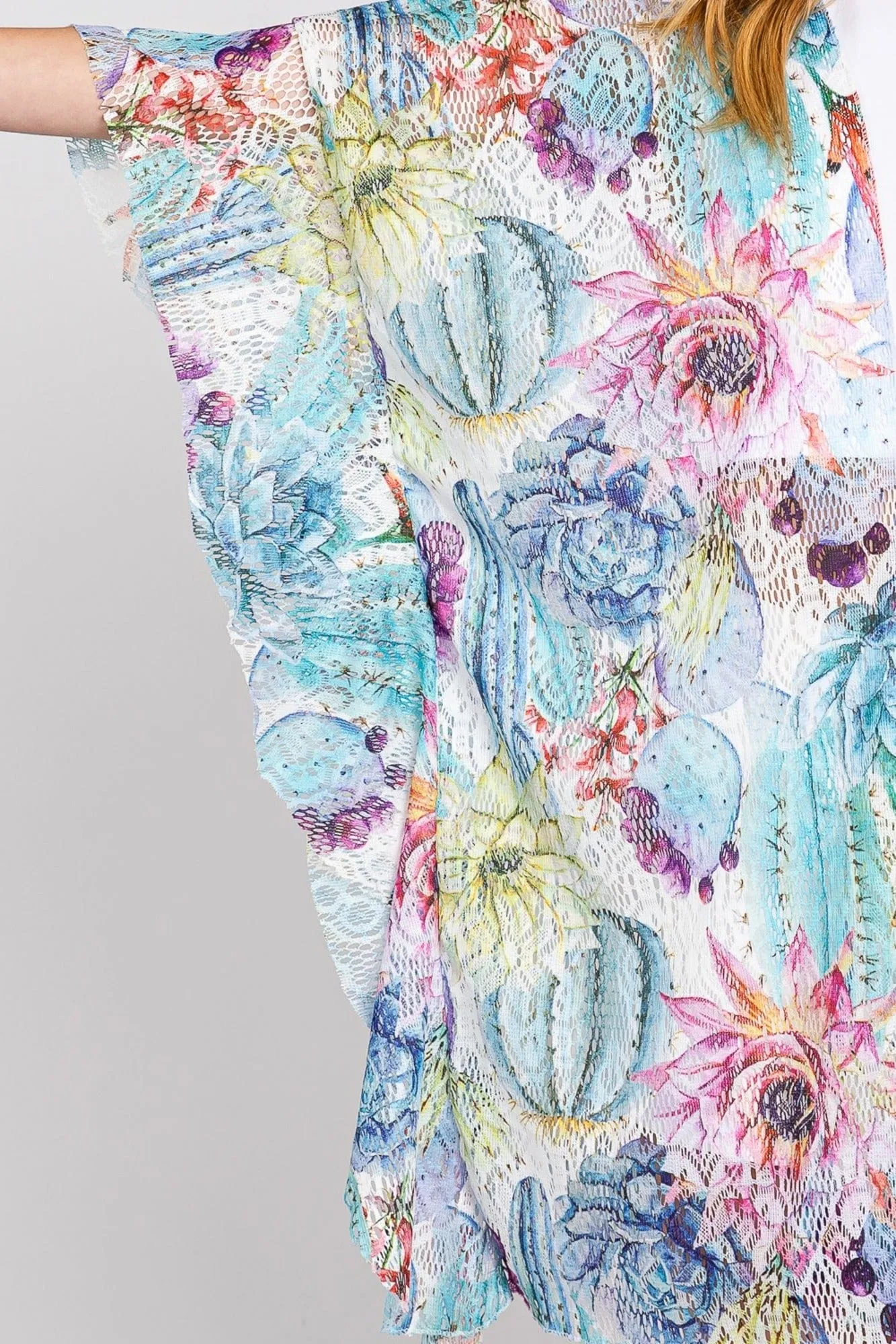 MS0355 Athena Ruffle Lined Cactus Print Crochet Kimono