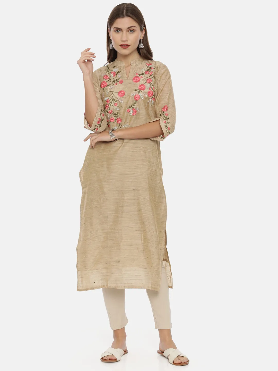 Neeru's Beige Color Chanderi Fabric Tunic
