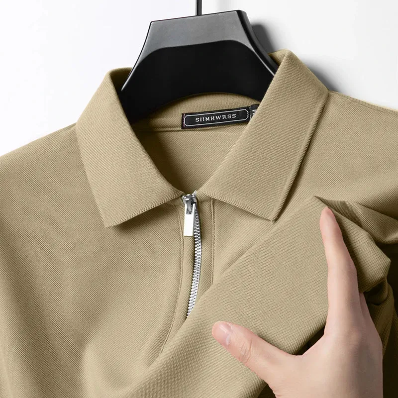 New Men's Solid Color Polo Shirt Short Sleeve Zipper Tshirts for Men Summer Lightweight Streetwear Fitness Breathable Large Tops