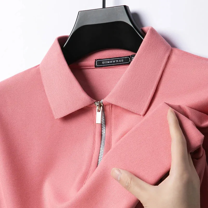 New Men's Solid Color Polo Shirt Short Sleeve Zipper Tshirts for Men Summer Lightweight Streetwear Fitness Breathable Large Tops